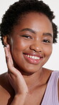 Shine, skincare and face of black woman in studio for self care, aesthetic and glow. Smile, dermatology or collagen rejuvenation with person on white background for beauty, smooth skin and hydration