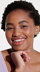 Happy, face and girl with skincare in studio for healthy skin, natural beauty and hydration. Cosmetics, black person or smile on white background for acne treatment results, radiant glow or self care