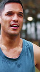 Exercise, fatigue and thinking with man outdoor in park for commitment to training or workout routine. Breathing, fitness and sweat with tired runner in nature for dedication, intensity or wellness
