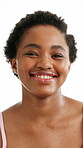 Smile, skincare and face with black woman in studio for beauty, dermatology or self care. Happy, glow and grooming with female person on white background for hydration, collagen and clear skin shine
