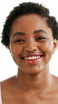 Happy, skincare and face with black woman in studio for beauty, dermatology or self care. Smile, glow and grooming with female person on white background for hydration, collagen and clear skin shine