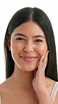 Smile, beauty and face of woman in studio for skincare, self care and dermatology glow. Aesthetic, shine and facial hydration with female person on white background for grooming, hygiene and clean