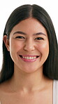 Happy, beauty and face of woman in studio for skincare, self care and dermatology glow. Aesthetic, shine and facial hydration with female person on white background for grooming, hygiene and clean