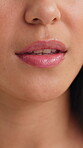 Cosmetics, beauty or lips of woman in closeup for dermal filler, synthetic hyaluronic acid or results. Dermatology, lipgloss and mouth with with facial treatment for appearance, volume and aesthetic