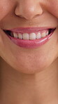 Smile, woman and teeth with dental hygiene for whitening treatment results and cosmetic dentistry. Oral care, person and mouth with closeup for root planing, healthy gums and confidence with veneers