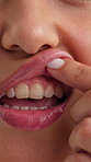 Oral care, teeth and hands of woman with gums for gingivitis, root planing and results. Dental wellness, person and mouth with closeup for whitening treatment, dentistry and confidence with veneers
