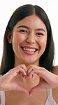 Love, heart hands and face of woman in studio for romance, positive and kindness. Peace, support and emoji with portrait of female person on white background for emotion, hope and happy gesture 