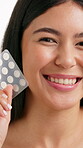 Acne patch skincare and face of woman in studio for self care, cosmetics and beauty. Collagen benefits, dermatology and aesthetic with female person on white background for glow, shine and smile