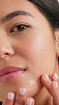 Acne patch, beauty and face with woman in studio for self care, cosmetics or skincare. Collagen benefits, dermatology and aesthetic with closeup of person for glow, shine and pimple treatment