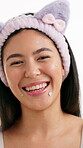 Acne patch, beauty and face of woman in studio for self care, cosmetics and skincare. Collagen benefits, dermatology and aesthetic with person on white background for glow, shine and pimple treatment