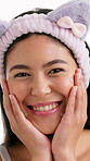 Acne patch, skincare and face of woman in studio for self care, cosmetics and beauty. Collagen benefits, dermatology and aesthetic with person on white background for glow, shine and pimple treatment