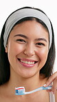 Dental, face and girl with toothbrush in studio for oral hygiene, mouth cleaning and fresh breath. Laughing, woman and toothpaste on white background for brushing teeth, plaque removal and self care