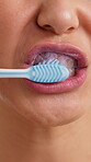 Dental, toothpaste and woman brushing teeth on closeup for oral hygiene, fresh breath and health. Routine, person and cleaning mouth with toothbrush for plaque removal, self care or cavity prevention