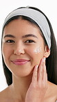 Sunscreen, beauty and face of woman in studio for skincare, lotion self care and dermatology glow. Aesthetic, shine and spf protection with female person on white background for uv cream and clean
