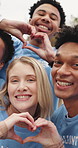 Happy people, face or team with heart hands for volunteering, selfie or outreach together in nature. Portrait, NGO or group with smile, love or emoji for memory, picture or community service in park