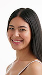 Happy woman, face and studio with haircare for grooming, style or treatment on a white background. Portrait, female person or smile with hair shine, glow or silky smooth finish for keratin or salon