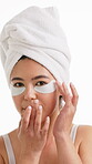 Eye patch, beauty and face with woman in studio for self care, cosmetics or skincare. Collagen benefits, dermatology and aesthetic with person on white background for glow, shine and treatment