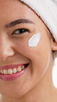 Beauty, face and cream with woman in studio for skincare, self care and aesthetic. Dermatology, glow treatment and shine with female person on white background for cosmetics, lotion and hydration