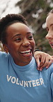 Huddle, laughing and talking with volunteer team outdoor together for motivation or planning. Circle, conversation and funny with group of people in park for charity, community outreach or ngo