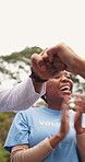 Applause, fist bump and laughing with volunteer team outdoor together for donation success. Charity, motivation and support with group of funny people in park for community outreach goals or target