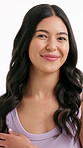 Happy woman, face and studio with haircare for salon, curls or style on a white background. Portrait, female person or smile with hair shine, glow or wavy treatment for wash, blowout or spa day