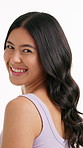 Happy woman, face and studio with haircare for treatment, grooming or style on a white background. Portrait, female person or smile with hair shine, glow or wavy finish for curls, keratin or salon