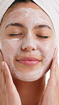 Skincare, smile and mask with woman in studio for beauty, self care and aesthetic. Dermatology, detox treatment and shine with person on white background for cosmetics, scrub and exfoliating