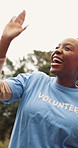 High five, laughing and success with volunteer team outdoor together for donation milestone. Applause, charity and support with group of funny people in park for community outreach goals or target