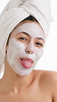 Mask, beauty and face with woman in studio for self care, cosmetics or skincare. Collagen benefits, dermatology and aesthetic with person on white background for glow, shine and facial treatment