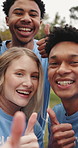 Happy people, face or team with thumbs up for volunteering, selfie or outreach together in nature. Portrait, NGO or group with smile, like emoji or yes sign for picture or community service in park