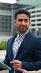 Business, people and walk in city with tablet, conversation and partnership for real estate agency. Realtor, teamwork or men in urban town with tech, discussion or outdoor journey to property listing