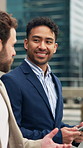 Tablet, discussion and business people in city with walk, feedback and partnership for real estate. Realtor, collaboration or men in urban town with tech, talk or outdoor journey to property listing.