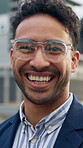 Happy, face and businessman with glasses in city, urban planner and confident for career development. Outdoor, employee or person with pride for real estate opportunity, smile and property investment