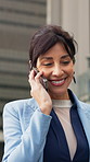 Phone call, walking and businesswoman in city with communication, contact or networking for finance deal. Cellphone, commuting and female financial manager on mobile discussion for company investment