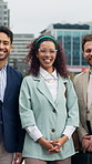 Face, business and people with smile in city for travel, career pride and about us for real estate. Portrait, staff and morning commute with team, happy and positive attitude for property development
