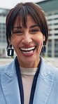 Businesswoman, face and laughing in city, commute or confident for career growth in public relations. Ambitious, brand manager and mature person with smile for job opportunity, portrait and outdoor