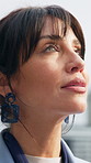 Thinking, commute or woman in town with smile, fresh air or morning mindfulness in work routine. Breathe, happy or mature person with daydreaming, employee journey or positive mindset at start of day