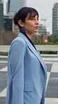 Reflection, commute or woman in city with walk, mindfulness or morning travel in work routine. Mindset, urban or mature person in town with stroll, employee journey or ambition at start of day.