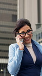 Phone call, walking and businesswoman in city with contact, communication or networking for finance deal. Cellphone, commuting and female financial manager on mobile discussion for company investment