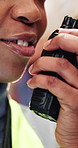 Mouth, talking or woman with radio for logistics, import directions or instructions for cargo storage. Supply chain, tech or manager with orders for stock distribution, smile or warehouse protocol