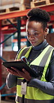 Woman, tablet and scan cargo in warehouse with inventory management, tracking dispatch or distribution. Black person, check stock and typing in depot with tech, scanner or verification for logistics.