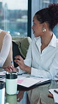 Marketing, meeting or woman in office with discussion, ideas or documents in campaign planning. Collaboration, insight or brand team with paper, proposal strategy or brainstorming for creative report
