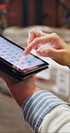 Tablet screen, hands and person in warehouse for shipping, logistics pricing and stock count. Technology, distribution worker and woman with inventory audit, scroll data and supply chain management