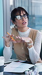 Woman, lawyer and talking with document in office for planning, legal advice and case file. Mature person, attorney or discussion with folder for proposal, witness statement and testimony for lawsuit