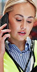 Logistics, tablet or woman with phone call in warehouse, track delivery or status update for shipment. Talk, import delay or person with tech for inventory management, smile or storage instructions