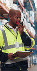 Man, inspection or radio with clipboard in warehouse for inventory, stock check or storage control. Male person, talking and signal with checklist for logistics, supply chain or distribution in depot
