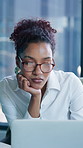 Laptop, glasses and businesswoman in office with research for finance report with budget mistake. Technology, confused and female financial manager with computer for error on investment proposal.