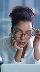 Laptop, thinking and businesswoman in office with research for finance report with budget planning. Technology, ideas and female financial manager with computer for investment proposal in workplace.