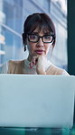 Businesswoman, reading and thinking in office with laptop, HR administration or update calendar agenda. Human resources worker, mature person and planning schedule with computer, website and glasses.
