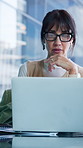 Woman, reading and thinking in office with laptop, HR administration or update for calendar agenda. Human resources worker, mature person and computer for business website, plan schedule and glasses.